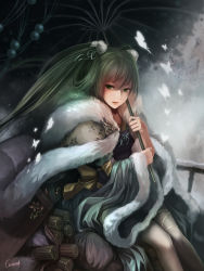 Rule 34 | 1girl, bad id, bad pixiv id, bug, butterfly, crazat, female focus, fur trim, green eyes, green hair, hatsune miku, highres, holding, holding umbrella, bug, japanese clothes, kimono, long hair, matching hair/eyes, md5 mismatch, sitting, solo, traditional clothes, umbrella, vocaloid, wood