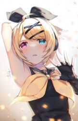 Rule 34 | 1girl, ahoge, arm behind head, arm up, armpits, black bow, black collar, black gloves, black shirt, blonde hair, blue eyes, blush, bow, collar, commentary, english commentary, fingerless gloves, gloves, gradient background, hair bow, hair ornament, hand up, headphones, heterochromia, highres, kagamine rin, light brown background, light particles, looking at viewer, neckerchief, open hand, parted lips, pink eyes, sailor collar, shirt, short hair, sidelocks, signature, simple background, sleeveless, sleeveless shirt, solo, tenmuki, two-tone background, upper body, vocaloid, white background, x hair ornament, yellow neckerchief