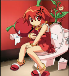 Rule 34 | 00s, chili pepper, habanero-tan, habanero pepper, netrunmon, red eyes, red hair, screencap, solo, toilet, trash can
