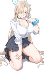 Rule 34 | 1girl, aqua eyes, asuna (blue archive), black footwear, black skirt, black socks, blonde hair, blue archive, blue halo, blue nails, blue ribbon, blush, breasts, cleavage, collarbone, collared shirt, commentary request, fangxiang cuoluan, full body, hair ornament, hair over one eye, hair ribbon, halo, hand up, highres, kneehighs, kneeling, large breasts, long hair, looking at viewer, mole, mole on breast, nail polish, one eye covered, parted lips, pleated skirt, ribbon, scrunchie, shirt, shirt tucked in, simple background, skirt, smile, socks, solo, teeth, thighs, very long hair, white background, white shirt, wrist scrunchie