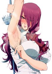 Rule 34 | 1girl, arm up, armpit focus, armpits, atlus, blush, bow, breasts, covered erect nipples, curly hair, hair over one eye, highres, impossible clothes, impossible shirt, ishii takamori, kirijou mitsuru, large breasts, long hair, looking at viewer, parted lips, persona, persona 3, presenting armpit, purple hair, red eyes, red hair, sega, shirt, smell, solo, steam, sweat, sweat stain, sword, upper body, weapon
