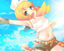 Rule 34 | 1girl, :d, \o/, armpits, arms up, bad id, bad pixiv id, belt, blonde hair, cloud, crop top, day, detached sleeves, green eyes, hair ornament, hairband, hairclip, kagamine rin, lens flare, midriff, narisuke, navel, open mouth, outstretched arms, sailor collar, short hair, shorts, sky, smile, solo, sun, vocaloid