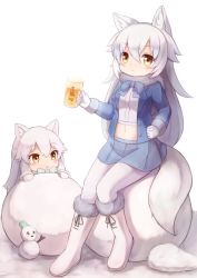 Rule 34 | 10s, 2girls, alcohol, animal ears, arctic fox (kemono friends), arctic wolf (kemono friends), beer, beer mug, blue neckwear, blue skirt, blush, boots, bow, bowtie, buttons, cup, fox ears, fur-trimmed boots, fur-trimmed sleeves, fur collar, fur trim, gloves, hair between eyes, holding, holding cup, jacket, kemono friends, long hair, long sleeves, looking at another, looking at viewer, matsuu (akiomoi), midriff, miniskirt, mug, multiple girls, navel, open clothes, open jacket, pantyhose, serval (kemono friends), simple background, sitting, skirt, snowball, snowman, tail, very long hair, white background, white footwear, white gloves, white hair, white legwear, wolf ears, wolf tail, yellow eyes