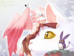 Rule 34 | bird, breast press, breasts, cararina, cat, detached sleeves, closed eyes, fang, hazuki gean, hug, multicolored hair, open mouth, pink hair, pixiv fantasia, pixiv fantasia 3, slit pupils, tail, white hair, wings, yellow eyes, eyes closed