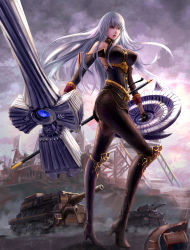 Rule 34 | 1girl, bare shoulders, battlefield, boots, breasts, cloud, cloudy sky, collar, covered erect nipples, hair lift, high heels, highres, holding, holding lance, holding polearm, holding shield, holding weapon, knee boots, lance, large breasts, long hair, military, military uniform, military vehicle, motor vehicle, pantyhose, parted lips, polearm, selvaria bles, senjou no valkyria, senjou no valkyria (series), senjou no valkyria 1, shield, silver hair, sky, solo, standing, tank, uniform, weapon, yellow eyes, yuzuriha (atelier liang)