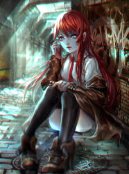 Rule 34 | 1girl, 5pb., against wall, alley, alternate legwear, artist name, black thighhighs, blue eyes, boots, brown footwear, brown jacket, calling, cellphone, chromatic aberration, collared shirt, convenient leg, copyright name, dust, expressionless, eyelashes, full body, graffiti, highres, holding, holding phone, jacket, light particles, light rays, lips, lipstick, long hair, long sleeves, looking at viewer, makeup, makise kurisu, manhole cover, necktie, nitroplus, off shoulder, on ground, open clothes, open jacket, outdoors, pavement, phone, red hair, red lips, red necktie, road, sangrde, science adventure, scroll, shirt, sidelocks, sitting, solo, steins;gate, stone floor, street, sunbeam, sunlight, talking on phone, thighhighs, thighs, very long hair, white shirt