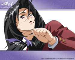 00s 1girl 2007 black_hair copyright_name face female_focus glasses ikkitousen kaku_bunwa long_sleeves red_eyes school_uniform solo white_background