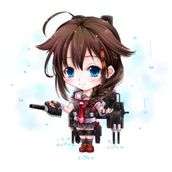 Rule 34 | 1girl, ahoge, black hair, black serafuku, blue background, blue eyes, braid, brown footwear, cannon, chibi, fingerless gloves, full body, gloves, hair flaps, hair ornament, hair over shoulder, hair ribbon, hairclip, kantai collection, loafers, looking at viewer, machinery, neckerchief, pleated skirt, red neckerchief, ribbon, school uniform, serafuku, shigure (kancolle), shigure kai ni (kancolle), shoes, single braid, skirt, solo, standing, tsukineko, turret