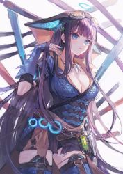 Rule 34 | 1girl, animal ears, bad id, bad twitter id, blue eyes, blunt bangs, boots, breasts, cleavage, commentary, ears visible through hair, fake animal ears, goggles, goggles on head, halo, highres, jewelry, large breasts, long hair, maccha (mochancc), monster hunter, monster hunter: world, monster hunter (series), necklace, purple hair, simple background, solo, standing, tagme, thigh boots, thighhighs, tooth necklace, very long hair, yang guifei (fate), yang guifei (third ascension) (fate)