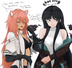 Rule 34 | 2girls, ahoge, animal ear fluff, animal ears, antenna hair, arknights, averting eyes, bare shoulders, black bra, black gloves, black hair, black halo, black skirt, black wings, blunt bangs, blush, bra, breasts, broken halo, brown jacket, closed eyes, closed mouth, clothes down, collarbone, collared jacket, commentary, cosplay, dark halo, dark skin, detached wings, dokonjou (odossan), energy wings, english commentary, english text, eyelashes, facing another, facing viewer, fang, from side, gloves, gravel (arknights), gravel (arknights) (cosplay), grey eyes, hair between eyes, halo, hand up, happy, heart, heattech leotard, high collar, highres, hime cut, holding another&#039;s hair, jacket, layered sleeves, leotard, lips, lipstick, long hair, long sleeves, makeup, medium breasts, mole, mole under eye, multiple girls, navel, nervous, open clothes, open jacket, open mouth, pale skin, pink hair, pleated skirt, red lips, short-sleeved jacket, short over long sleeves, short sleeves, sidelocks, simple background, skin tight, skirt, smile, speech bubble, standing, stomach, straight hair, strap, sweat, thought bubble, tongue, turtleneck, two-sided fabric, two-sided jacket, underwear, upper body, very long hair, virtuosa (arknights), virtuosa (arknights) (cosplay), white background, white jacket, white leotard, wide sleeves, wing collar, wings, yellow pupils