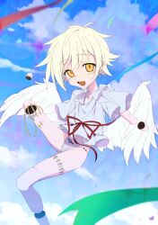 Rule 34 | 1girl, absurdres, amputee, angel wings, anime coloring, blue sky, blush, cloud, commentary request, feathered wings, flat chest, flying, highres, looking at viewer, nomura kitan, open mouth, original, panties, shirt, short hair, sky, smile, solo, underwear, white hair, white wings, wings, yellow eyes