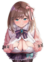 Rule 34 | 1girl, :q, absurdres, aqua eyes, bad id, bad pixiv id, bow, breasts, brown hair, cleavage, closed mouth, collared shirt, commission, cowboy shot, frilled shirt, frills, hair bow, highres, kusana (dudqja602), large breasts, leaning forward, looking at viewer, nijisanji, paizuri invitation, pink sweater, pixiv commission, seductive smile, shirt, simple background, skirt, smile, solo, spread cleavage, striped clothes, striped shirt, suzuhara lulu, suzuhara lulu (1st costume), sweater, tongue, tongue out, vertical-striped clothes, vertical-striped shirt, virtual youtuber, white background