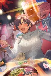Rule 34 | 1girl, bar stool, beer mug, black hair, blush, bon (vtuber), breasts, chopsticks, commission, cup, dark-skinned female, dark skin, ear piercing, earrings, fang, food, grey eyes, highres, holding, holding chopsticks, holding cup, indie virtual youtuber, jewelry, large breasts, mug, multicolored hair, one eye closed, open mouth, phone, piercing, ribbed sweater, second-party source, skeb commission, solo, stool, streaked hair, sweater, table, turtleneck, turtleneck sweater, uezono (mms), virtual youtuber, white hair, white sweater