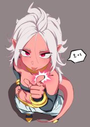 Rule 34 | android 21, arabian clothes, black nails, bracelet, breasts, colored skin, dialogue box, dragon ball, dragon ball fighterz, dragonball z, finger gun, highres, jewelry, korean text, looking at viewer, looking up, magic, majin android 21, medium breasts, nail polish, navel, necklace, pink skin, pointy ears, red eyes, seductive smile, smile, spiked hair, tail, tongue, tongue out, translation request, white hair, zequung, zquung