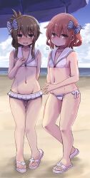 Rule 34 | 2girls, bare arms, bare legs, bare shoulders, beach, bikini, blush, brown eyes, brown hair, closed mouth, cosplay, day, folded ponytail, groin, hair between eyes, highres, ikazuchi (kancolle), inazuma (kancolle), kantai collection, long hair, looking at viewer, multiple girls, navel, ocean, open mouth, outdoors, sailor collar, sandals, short hair, swimsuit, toes, unagiman, white bikini, white sailor collar, z3 max schultz (kancolle), z3 max schultz (kancolle) (cosplay)