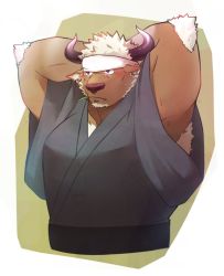 Rule 34 | 1boy, alternate costume, animal ears, arms behind head, bara, blush, brown fur, chest hair, chinese zodiac, cow ears, cow horns, cropped torso, furry, furry male, happy new year, headband, highres, horns, male focus, mature male, minotaur, mint, muscular, muscular male, new year, pectorals, purple eyes, purple horns, resub221, shennong (housamo), short hair, sideburns, solo, tokyo houkago summoners, white hair, year of the ox