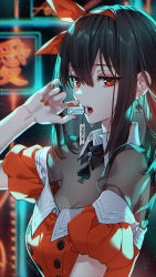 Rule 34 | 1girl, black bow, black bowtie, black hair, blouse, bow, bowtie, breasts, cleavage, commentary, detached collar, ear piercing, earrings, hair between eyes, hairband, highres, holding, jewelry, light particles, long hair, looking at viewer, mouth hold, nail polish, nardack, neon lights, off shoulder, original, piercing, puffy short sleeves, puffy sleeves, red eyes, red hairband, red nails, red shirt, see-through, shirt, short sleeves, sidelocks, sideways glance, solo, spade (shape), spade earrings, symbol-only commentary, upper body, vial