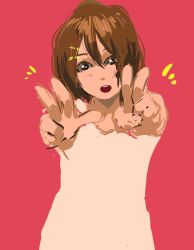 Rule 34 | 1girl, brown eyes, brown hair, double v, foreshortening, hair ornament, hairclip, hirasawa yui, k-on!, looking at viewer, open mouth, red background, round teeth, shnyam, sketch, solo, teeth, v