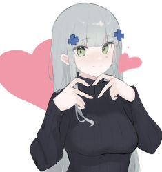 Rule 34 | 1girl, alternate costume, black sweater, blush, breasts, commentary, girls&#039; frontline, green eyes, grey hair, hair ornament, heart, heart hands, hiepita97, hk416 (girls&#039; frontline), large breasts, long hair, long sleeves, looking at viewer, ribbed sweater, simple background, smile, solo, sweater, upper body, white background