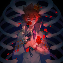 Rule 34 | 1boy, absurdres, black background, bone, cape, closed eyes, closed mouth, collared cape, collared shirt, crown, flower, heart (organ), high collar, highres, holding, holding flower, jacket, katekyo hitman reborn!, lily (flower), long sleeves, male focus, mini crown, necktie, petals, purple shirt, red flower, red hair, red rose, ribs, rose, rose petals, sawada tsunayoshi, shirt, short hair, solo, spiked hair, standing, upper body, white cape, white flower, white jacket, white lily, white necktie, wuhuohuohuo
