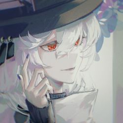 Rule 34 | 1girl, arknights, black hat, blue nails, commentary, fingernails, grey hair, hair between eyes, hand up, hat, huangjin shizi, index finger raised, nail polish, official alternate costume, parted lips, portrait, red eyes, solo, specter (arknights), specter (undercurrent) (arknights)