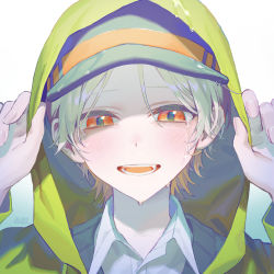 Rule 34 | 1boy, absurdres, baseball cap, black hat, blonde hair, blue background, coat, collared shirt, commentary request, crying, crying with eyes open, fang, gradient background, green coat, hands up, hat, highres, hood, hood up, hooded coat, light blush, long sleeves, looking at viewer, male focus, open mouth, orange eyes, original, portrait, shirt, short hair, smile, solo, tears, teeth, torino kawazu, very short hair, wet face, white background