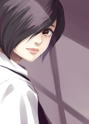 Rule 34 | 1girl, black hair, close-up, closed mouth, commentary request, from side, grey background, hair over one eye, highres, kirishima touka, light smile, lips, looking at viewer, pila (pilayamato), red eyes, shirt, short hair, simple background, solo, swept bangs, tokyo ghoul, upper body, white shirt
