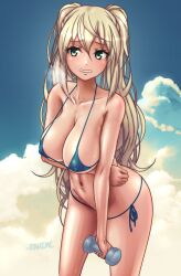 Rule 34 | 1girl, absurdres, arm at side, arm under breasts, bikini, blonde hair, blue bikini, blue sky, breasts, breath, cleavage, clenched teeth, cloud, cloudy sky, collarbone, commentary, dumbbell, dumbbell nan kilo moteru?, english commentary, exercising, green eyes, gyaru, hair between eyes, highres, kogal, large breasts, leaning forward, looking to the side, navel, parted lips, rahime, sakura hibiki, signature, sky, stomach, sweat, swimsuit, teeth, twintails, weightlifting