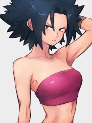 Rule 34 | 1girl, armpits, bare shoulders, black hair, blue eyes, breasts, caulifla, collarbone, dragon ball, dragon ball super, grey background, kemachiku, looking at viewer, medium breasts, short hair, simple background, solo, strapless, tube top