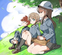 Rule 34 | 10s, 3girls, aki (girls und panzer), ankle boots, arm support, blue shirt, blue sky, boots, breasts, brown footwear, brown hair, closed eyes, cloud, day, dress shirt, girls und panzer, grass, green eyes, grey legwear, grey skirt, hair between eyes, hair tie, hand on own knee, hat, hibimegane, hill, instrument, kantele, leaf, light brown hair, loafers, long hair, long sleeves, looking at another, medium breasts, mika (girls und panzer), mikko (girls und panzer), military, military uniform, miniskirt, multiple girls, music, no shoes, outdoors, panties, pants, pants rolled up, pantyshot, playing instrument, pleated skirt, red eyes, red hair, school uniform, seiza, shirt, shoes, short hair, short twintails, sitting, skirt, sky, smile, socks, striped clothes, striped shirt, track jersey, track pants, track suit, tree, twintails, underwear, uniform, upskirt, vertical-striped clothes, vertical-striped shirt, white panties, white shirt, wind