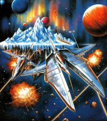 Rule 34 | 1980s (style), aerial battle, alien, asteroid, battle, chasing, cover, dogfight, explosion, fleet, gradius, highres, ice, konami, laser, no humans, official art, oldschool, planet, production art, promotional art, realistic, retro artstyle, salamander (game), scan, science fiction, space, spacecraft, star (sky), starfighter, traditional media, vic viper, video game cover