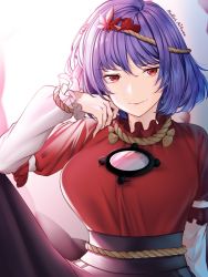 Rule 34 | 1girl, artist name, black skirt, breasts, closed mouth, commentary request, frilled sleeves, frills, hair ornament, hand on own face, highres, japanese clothes, large breasts, layered shirt, leaf hair ornament, light smile, long sleeves, looking at viewer, mirror, mitama mudimudi, obi, purple hair, red eyes, red shirt, rope, sash, shimenawa, shirt, short hair, simple background, sitting, skirt, solo, touhou, upper body, white background, white shirt, yasaka kanako