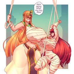 Rule 34 | 2girls, alternate breast size, alternate hair length, alternate hairstyle, alternate height, black-framed eyewear, bracelet, breasts, egyptian clothes, femdom, finger in another&#039;s mouth, gigantic breasts, grin, height difference, huge breasts, jewelry, long hair, multiple girls, mummification (bound), n647, orange eyes, persona, persona 5, persona 5 the royal, red eyes, red hair, restrained, see-through, see-through skirt, shadow (persona), shadow futaba, shendyt, simple background, size difference, skirt, smile, speech bubble, tall female, uraeus, usekh collar, very long hair, yoshizawa kasumi