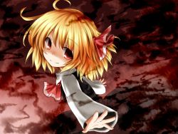 Rule 34 | 1girl, ascot, blonde hair, blouse, dress, female focus, hair ribbon, highres, long sleeves, looking at viewer, natsu no koucha, outstretched arms, red eyes, ribbon, rumia, shirt, short hair, smile, solo, touhou