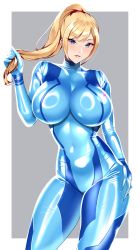 Rule 34 | 1girl, blonde hair, blue eyes, blush, breasts, covered navel, grin, hand on own hip, highres, large breasts, looking at viewer, metroid, metroid (classic), nintendo, ponytail, samus aran, skin tight, smile, solo, volyz, zero suit