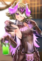 Rule 34 | 1girl, absurdres, animal ears, arknights, bare shoulders, bear ears, beehunter (arknights), blush, breasts, bright pupils, commentary request, cosplay request, green hair, highres, holding, holding jar, horns, jar, kirigirisu1221, licking lips, purple eyes, sideboob, small breasts, solo, tongue, tongue out, white pupils