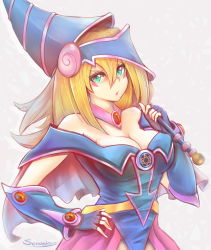 Rule 34 | &gt;:o, 1girl, :o, artist name, bare shoulders, blonde hair, blue gloves, blush, blush stickers, breasts, capelet, choker, cleavage, dark magician girl, duel monster, female focus, gauntlets, gloves, green eyes, hand on own hip, hat, hexagram, highres, jewelry, large breasts, long hair, looking at viewer, off shoulder, senasky, signature, skirt, solo, staff, tsurime, upper body, v-shaped eyebrows, wand, wizard hat, yu-gi-oh!, yuu-gi-ou, yu-gi-oh! duel monsters