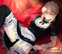 Rule 34 | 1girl, apron, artoria pendragon (all), artoria pendragon (fate), black bow, black dress, black panties, black ribbon, black thighhighs, blonde hair, blush, bow, braid, breasts, bridal garter, choker, closed mouth, dress, fate/stay night, fate (series), french braid, frilled choker, frills, hair between eyes, hair bow, highres, knee up, long hair, looking at viewer, lying, maid, maid headdress, neck ribbon, on back, pale skin, panties, puffy short sleeves, puffy sleeves, ribbon, saber alter, short sleeves, sidelocks, small breasts, solo, thighhighs, thighs, underwear, vilde loh hocen, waist apron, white apron, wrist cuffs, yellow eyes