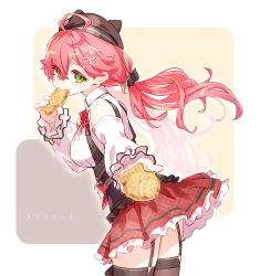 Rule 34 | 1girl, absurdres, ahoge, ancoloyuki, breasts, commentary, corset, eating, flower, food, food in mouth, frilled skirt, frills, from side, garter straps, green eyes, hair between eyes, hair flower, hair ornament, hat, highres, holding, holding food, hololive, incoming food, large breasts, long hair, long sleeves, looking at viewer, looking to the side, pink hair, red skirt, sakura miko, sakura miko (casual), shirt, skirt, solo, taiyaki, thighhighs, twintails, virtual youtuber, wagashi, white shirt