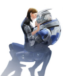 Rule 34 | 1boy, 1girl, alien, armor, bad id, bad pixiv id, brown hair, commander shepard, commander shepard (female), couple, forehead-to-forehead, garrus vakarian, heads together, interspecies, manri, mass effect (series), mass effect 1, power armor, scouter, short hair, sitting, sitting on person, smile, turian