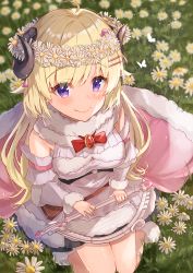Rule 34 | 1girl, absurdres, ahoge, animal ears, belt pouch, black footwear, black skirt, blonde hair, blue eyes, blush, boots, bow, bowtie, breasts, brooch, cape, closed mouth, curled horns, detached sleeves, dress, field, flower, flower field, fur-trimmed boots, fur-trimmed cape, fur-trimmed dress, fur-trimmed sleeves, fur trim, hair ornament, hairclip, harp, haru yu, head wreath, highres, holding, holding instrument, hololive, horns, instrument, jewelry, long hair, looking at viewer, medium breasts, miniskirt, pink cape, pleated skirt, pouch, purple eyes, red bow, red bowtie, seiza, sheep ears, sheep girl, sheep horns, sitting, skirt, sleeveless, sleeveless dress, smile, solo, tsunomaki watame, tsunomaki watame (1st costume), two-sided cape, two-sided fabric, very long hair, virtual youtuber, white cape, white dress
