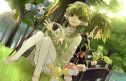 Rule 34 | 00s, 2boys, cheek pull, creature, flower, forest, gloves, green eyes, green hair, green theme, hair tubes, hairband, hoshi ataru, ion (tales), male focus, mieu (tales), multiple boys, nature, pantyhose, short hair with long locks, sidelocks, sitting, smile, sync (tales), tales of (series), tales of the abyss, trap, tree, white legwear