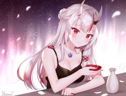 Rule 34 | 1girl, alternate costume, artist name, bell, black dress, blush, bottle, breasts, cleavage, commentary, cup, dress, hair ornament, holding, holding cup, hololive, horns, jewelry, long hair, looking at viewer, mask, mask on head, multicolored hair, nakiri ayame, naomi (fantasia), necklace, oni, open mouth, red eyes, sake bottle, silver hair, sitting, skin-covered horns, smile, solo, streaked hair, virtual youtuber