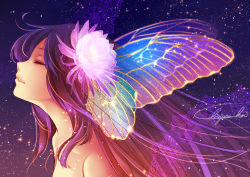 Rule 34 | 1girl, bare shoulders, butterfly hair ornament, butterfly wings, closed eyes, fairy, fantasy, flower, hair flower, hair ornament, head wings, insect wings, long hair, lotus, lying, multicolored wings, on side, open mouth, original, purple hair, satochi (1122), signature, solo, upper body, wings