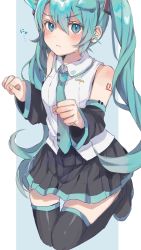 Rule 34 | 1girl, bare shoulders, black footwear, black skirt, black sleeves, black thighhighs, blue eyes, blue hair, blush, boots, breasts, closed mouth, collared shirt, commentary request, detached sleeves, green necktie, grey background, hair between eyes, hatsune miku, heremia, highres, light frown, long hair, long sleeves, looking at viewer, necktie, pleated skirt, shirt, skirt, sleeveless, sleeveless shirt, sleeves past wrists, small breasts, solo, thigh boots, thighhighs, tie clip, twintails, two-tone background, very long hair, vocaloid, white background, white shirt, wide sleeves