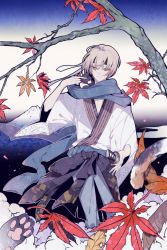 Rule 34 | 1boy, animal, animal in clothes, animal on shoulder, autumn leaves, bandaid, bandaid on face, bandaid on nose, blue scarf, brown eyes, cat, cat on shoulder, clothes around waist, commentary request, food fantasy, headband, holding, holding sword, holding weapon, japanese clothes, katana, kimono, leaf, light brown hair, male focus, maple leaf, mount fuji, out of frame, pants, scarf, shikimi (yurakuru), smile, solo, standing, sword, tree, weapon, white kimono, wide sleeves