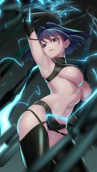 Rule 34 | 1girl, absurdres, arm up, armpits, black gloves, black thighhighs, blue eyes, breasts, commentary request, contrapposto, crop top, elbow gloves, electricity, from below, gloves, gradient background, grey background, hair intakes, highres, hololive, hololive english, large breasts, looking at viewer, looking down, mixed-language commentary, navel, ouro kronii, parted lips, purple hair, revealing clothes, short hair, smile, solo, somebody (leiking00), stomach, striped, thighhighs, underboob, vertical stripes, virtual youtuber