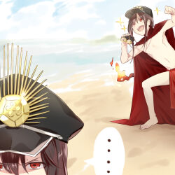 ... 1boy 1girl annoyed armpits arms_up bare_legs barefoot beach binoculars black_hair black_hat blue_sky blush brother_and_sister cape clenched_hand crest day family_crest fate/grand_order fate_(series) fiery_hair fundoshi hair_between_eyes happy hat holding holding_binoculars japanese_clothes kepi knee_up leaning_forward long_hair looking_up military_hat navel ocean oda_nobukatsu_(fate) oda_nobunaga_(fate) oda_nobunaga_(swimsuit_berserker)_(fate) oda_uri open_mouth peaked_cap pelvic_curtain ponytail red_cape red_eyes red_fundoshi siblings sidelocks sky smile sparkle spoken_ellipsis stomach sweatdrop teeth topless_male upper_teeth_only v-shaped_eyebrows very_long_hair wakayama_kyuuaka