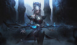 Rule 34 | 1girl, alex flores, asymmetrical bangs, bare shoulders, black thighhighs, blue eyes, bracelet, breasts, caitlyn (league of legends), closed mouth, commentary, dress, english commentary, fingernails, fog, fur trim, glowing, glowing eye, glowing weapon, gun, hair bun, hair ornament, highres, jewelry, large breasts, league of legends, light, long hair, looking at viewer, mountain, necklace, official art, outdoors, pale skin, pearl bracelet, pearl necklace, serious, sharp fingernails, sidelocks, single hair bun, sky, snow moon caitlyn, solo, stairs, standing, standing on one leg, statue, thighhighs, weapon, white hair