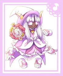 Rule 34 | 1girl, absurdres, alternate costume, border, bug, crossover, dress, extra eyes, fangs, gloves, graphite (medium), hagalaz, halgalaz, hat, highres, kirby (series), long hair, mechanical pencil, multiple hands, musical note, nintendo, no arms, ojamajo doremi, open mouth, parody, pencil, pink border, pink theme, queen sectonia, rayman limbs, simple background, smile, spider, spoilers, style parody, traditional media, white hair, witch hat